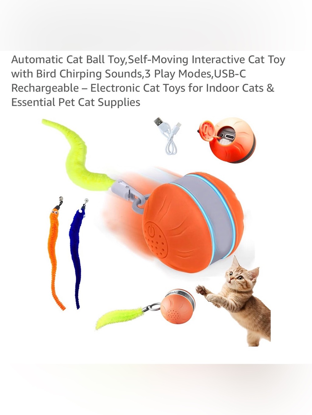 Rechargeable Orange Interactive Self-Moving Cat Ball Toy with Tail Attachment